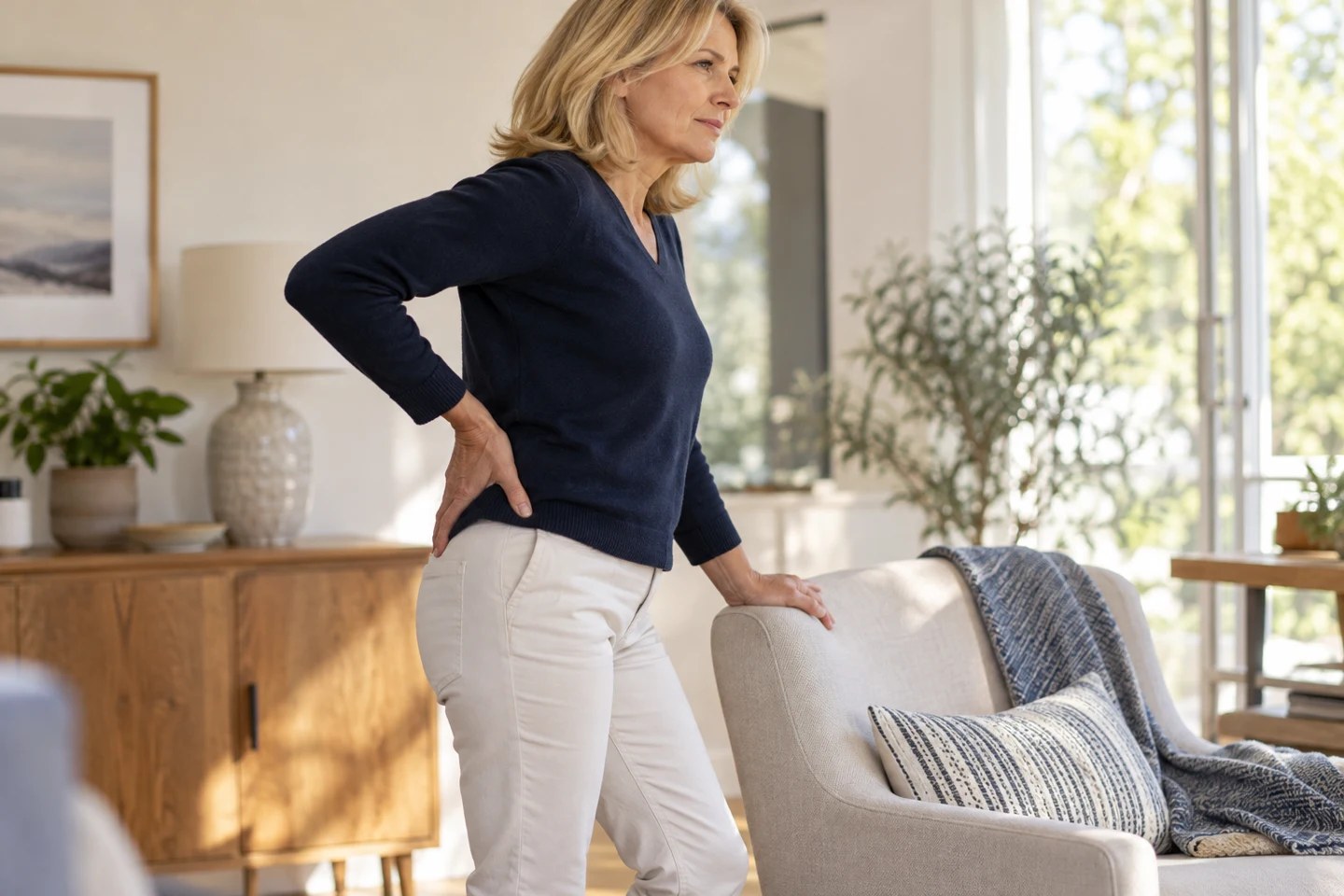 Person holding the hip and lower back while standing