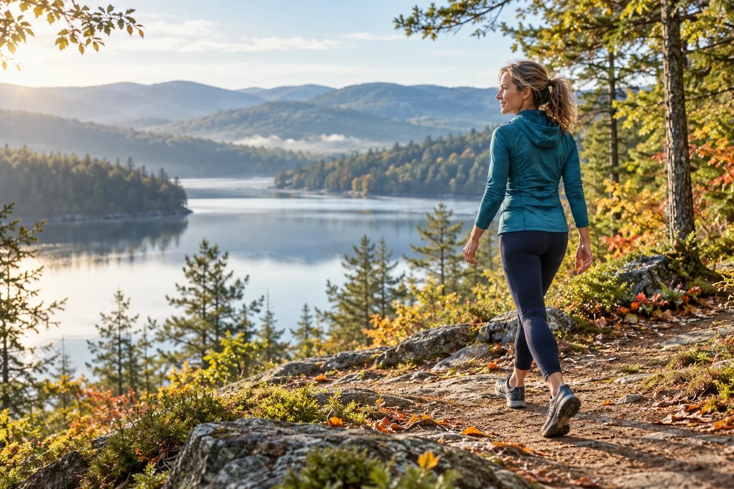 Woman looking across a lake during an outdoor walk