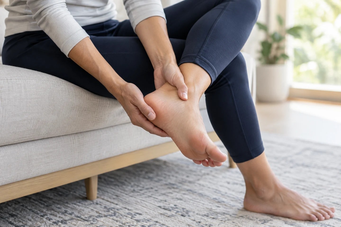 Person seated on a sofa holding a bare heel