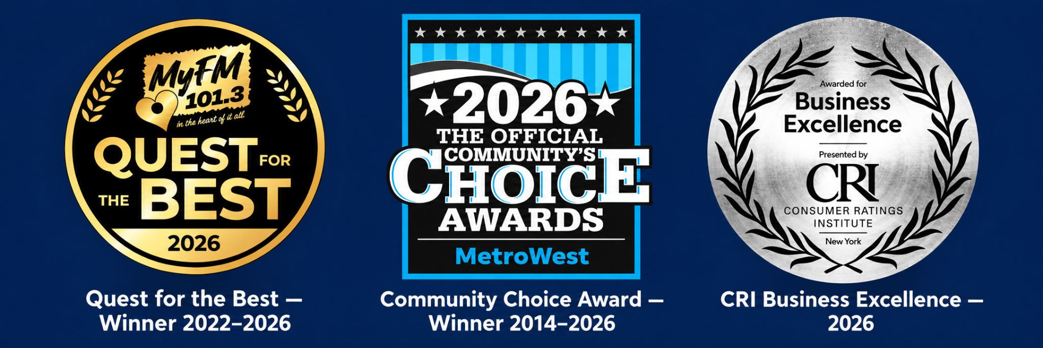 Quest for the Best winner 2022–2026; Community Choice Award winner 2014–2026; CRI Business Excellence 2026