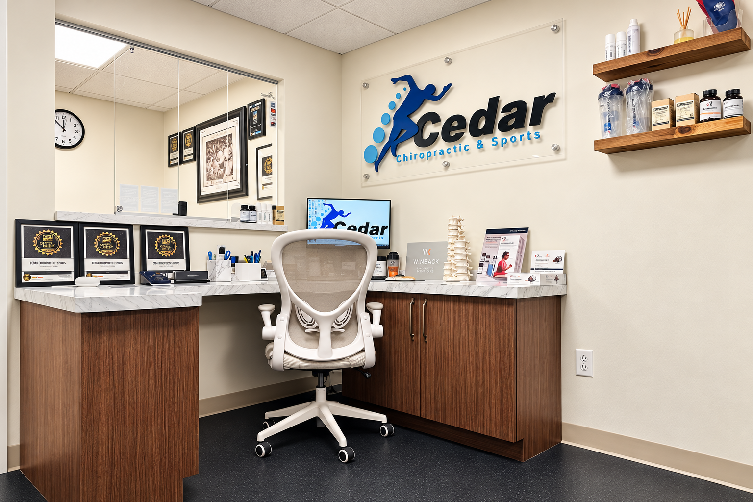 Cedar reception desk and practice logo — digitally enhanced office photograph