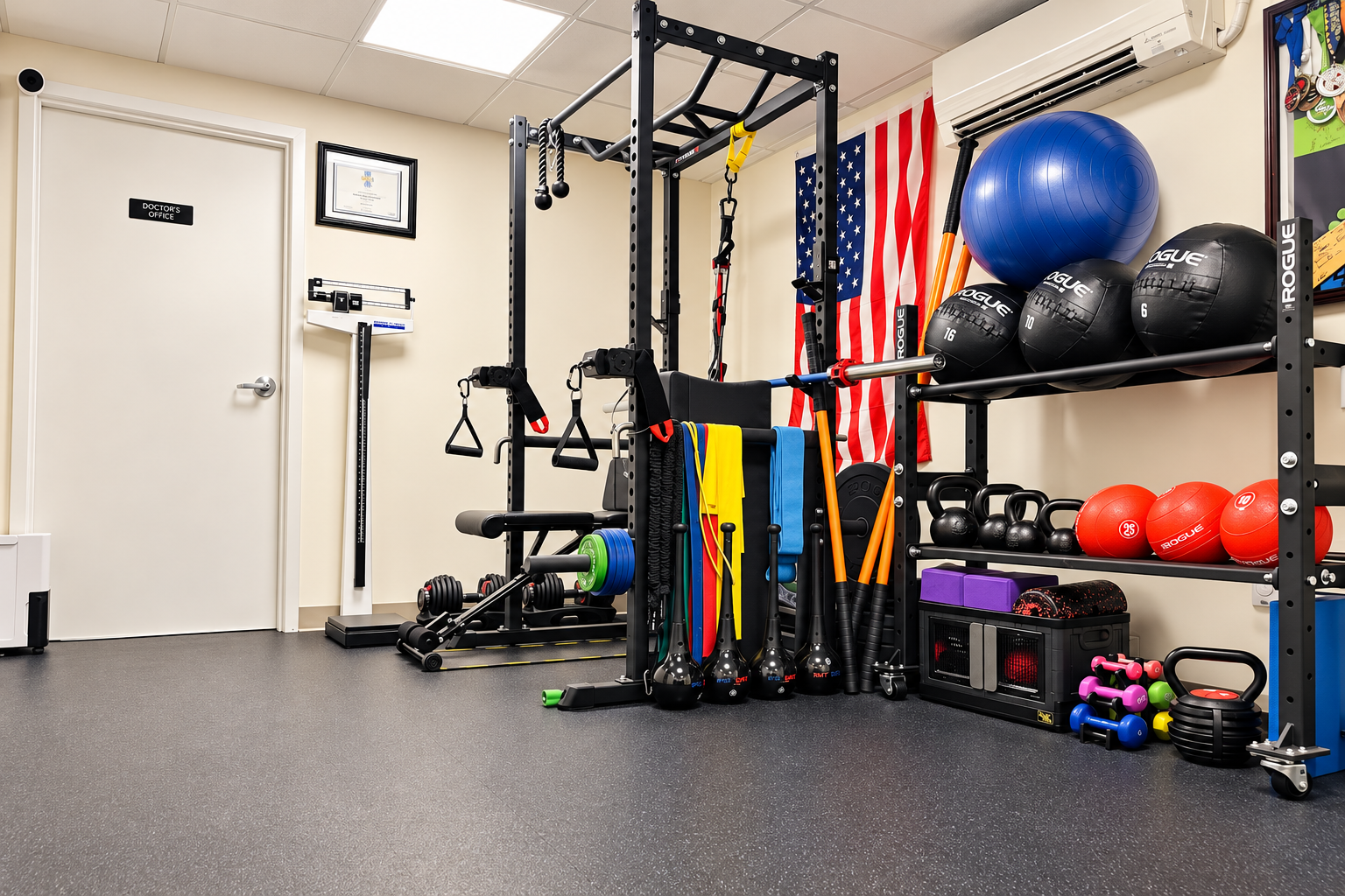 Cedar rehabilitation area with exercise and strength equipment — digitally enhanced office photograph